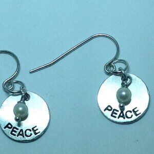 Silver Hand Stamped Engraved Peace with Cultured Pearl Earring